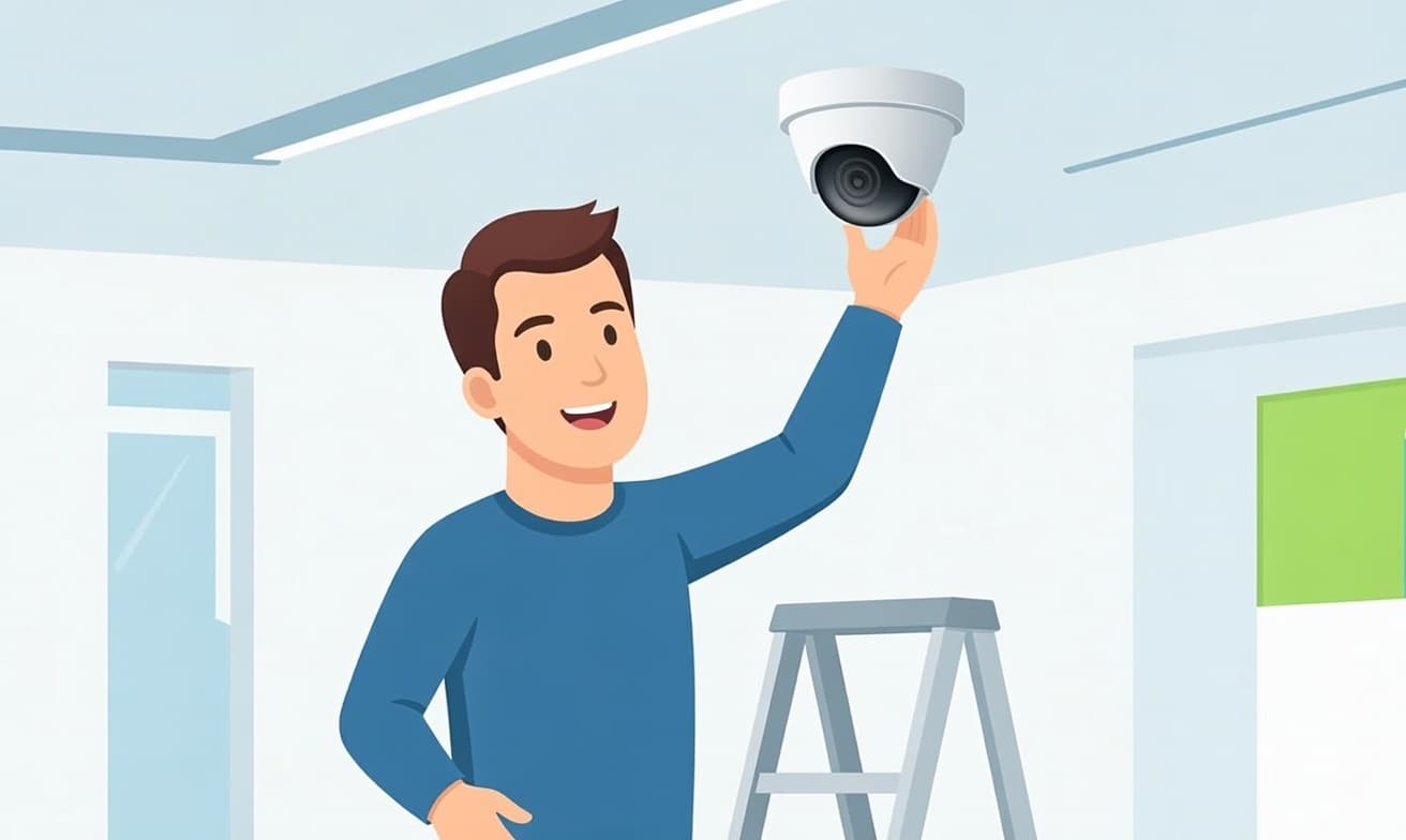 Business owner installing a security camera