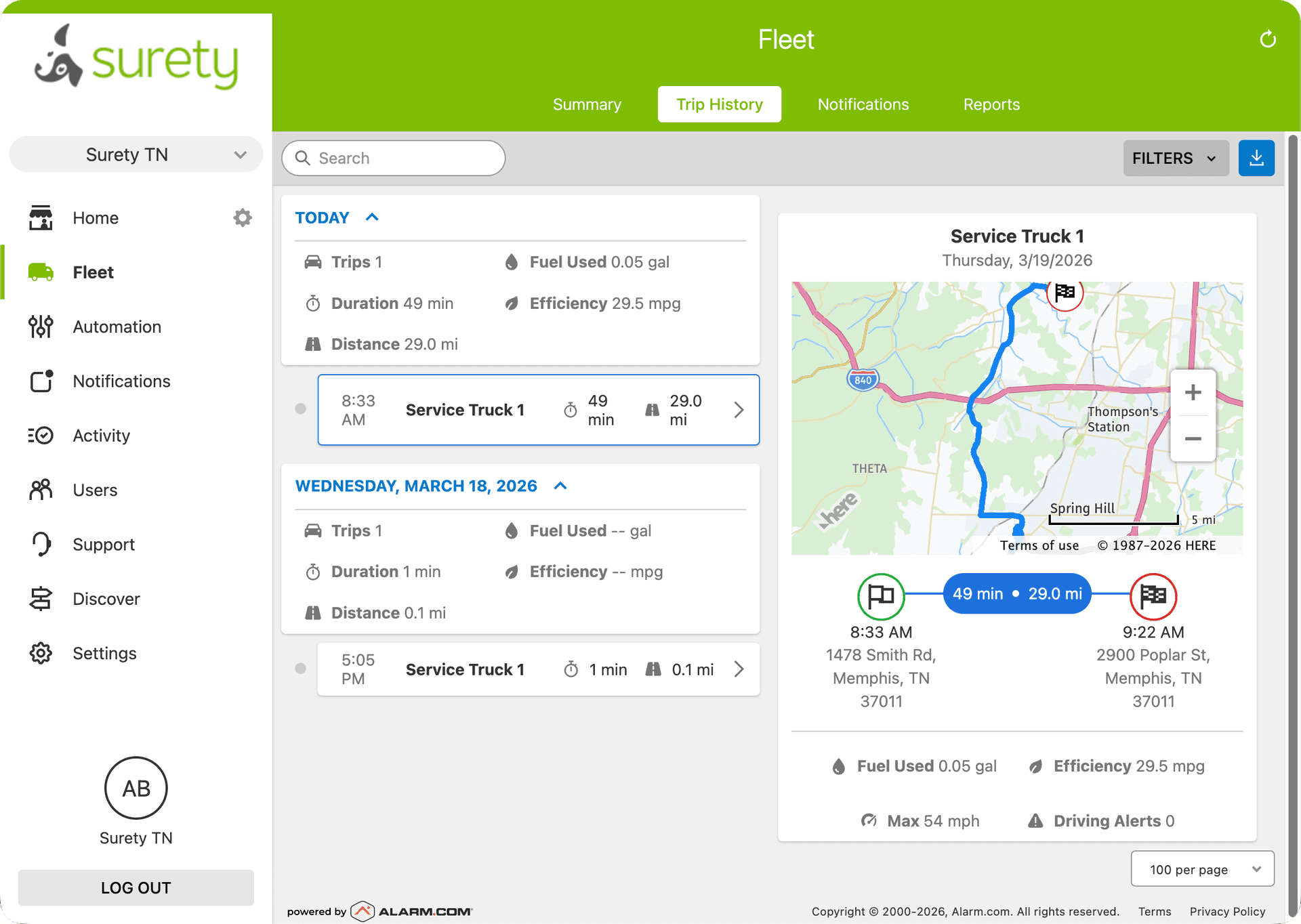Alarm.com fleet trip history dashboard showing GPS route replay and telematics data for a small business vehicle