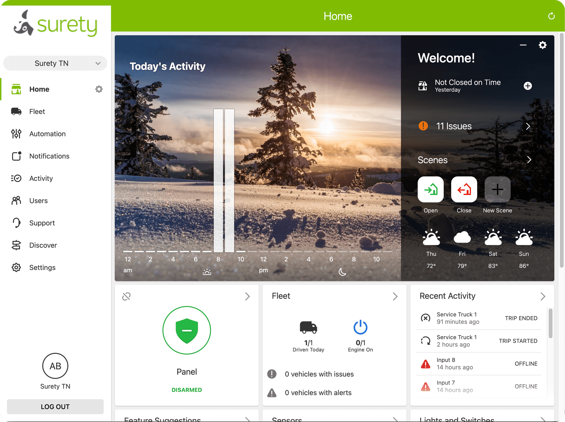 Alarm.com app showing fleet tracking and business security system together in one unified dashboard